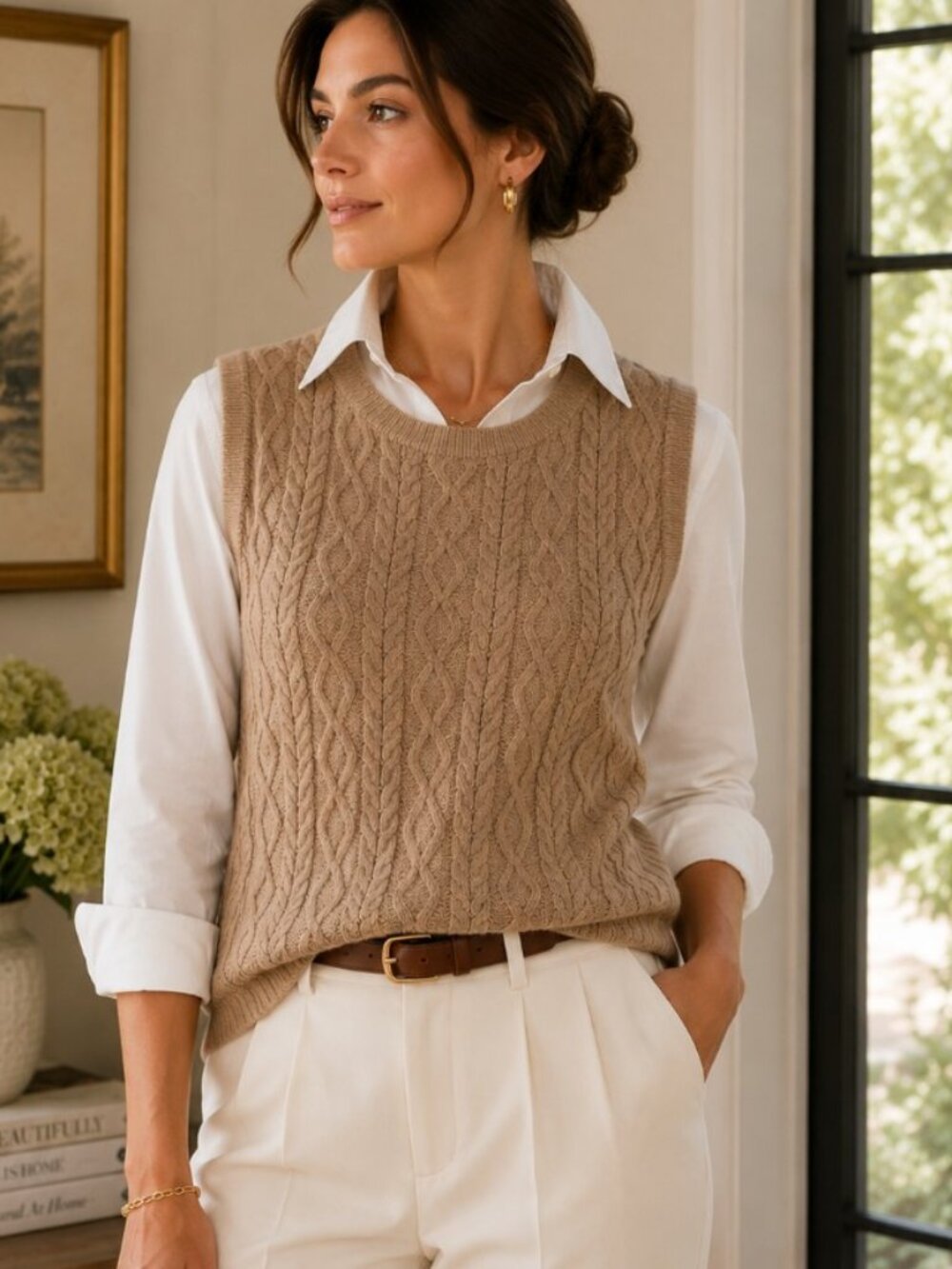 St. John Wool Cable Knit Sweater Vest Beige Sleeveless Luxury Minimalist Top